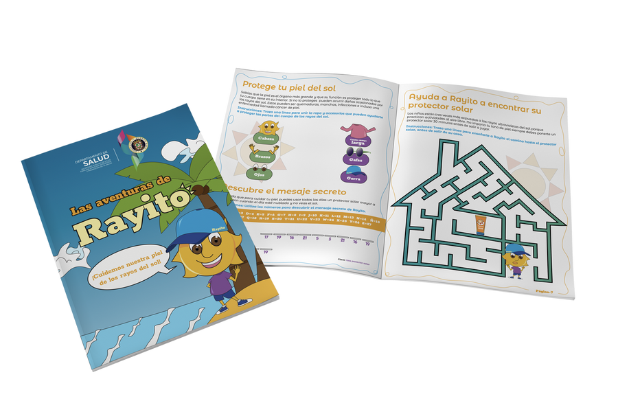 a children's book with a picture of a beach and the name "Las Aventuras de Rayito" on it